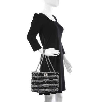 Chanel Sequin Striped Mademoiselle Tote Black Silver 2 of 9