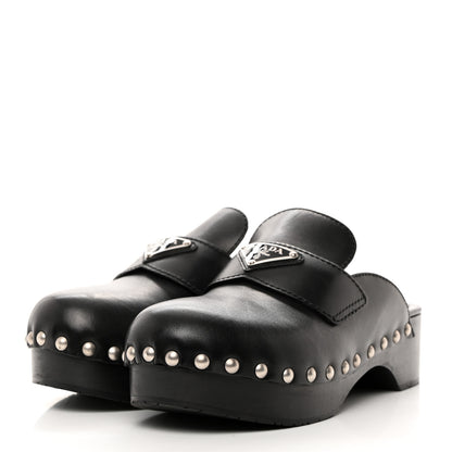 Prada Natural Calfskin Metal Triangle Logo 45mm Clogs Black 3 of 9