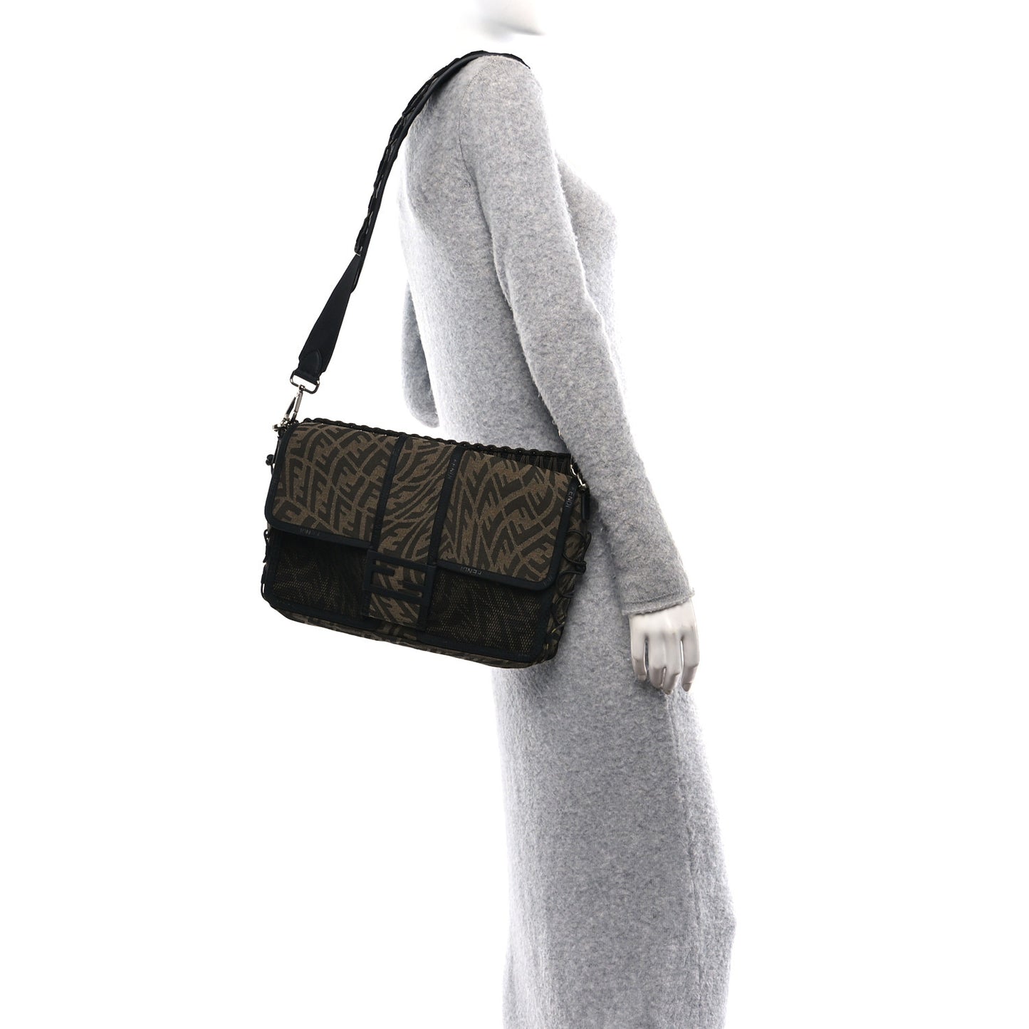 X SARAH COLEMAN Fabric Jacquard Vitello Grace FF Vertigo Woven Lanyard Large Baguette Tobacco Moro Black