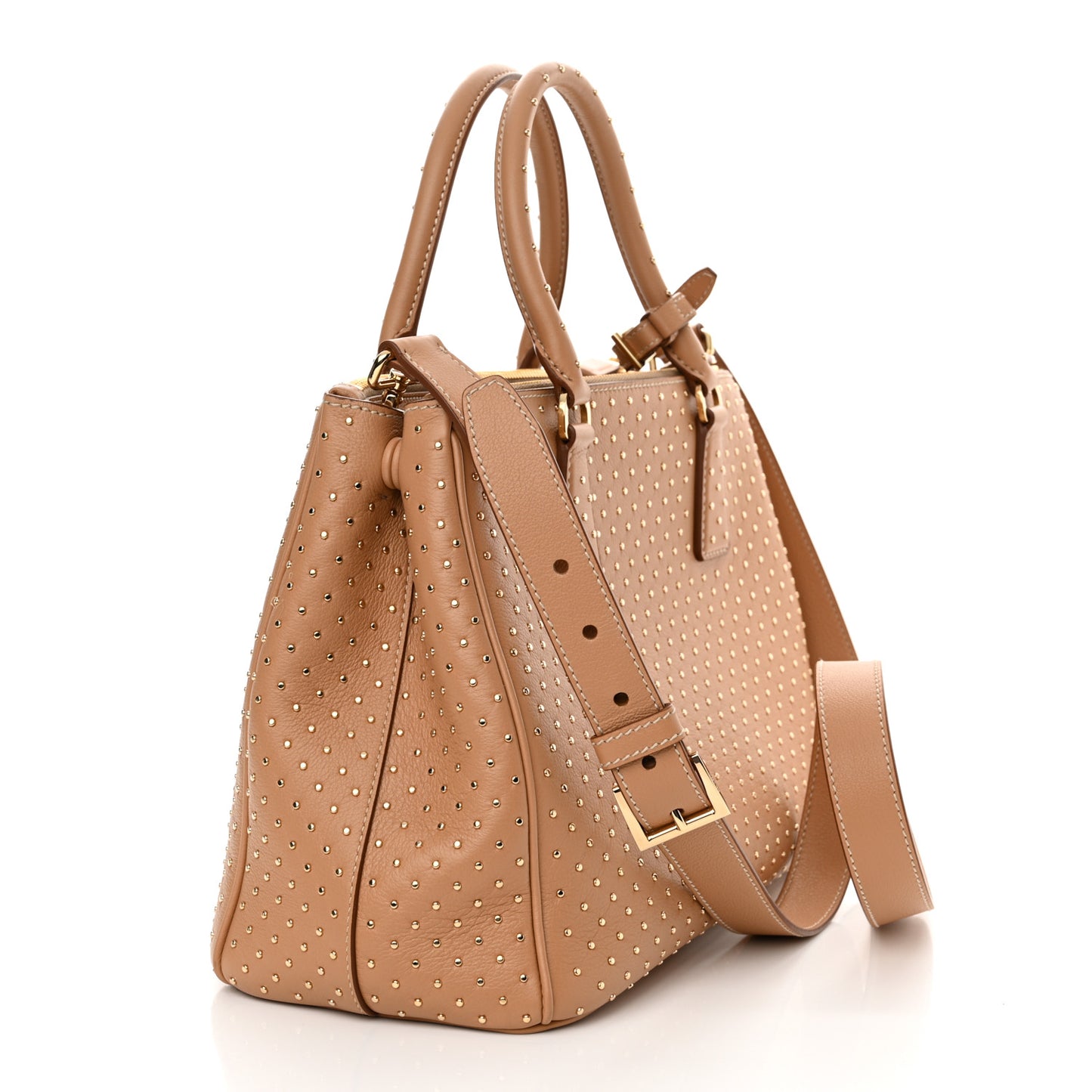 Calfskin Studded Large Galleria Double Zip Tote Natural