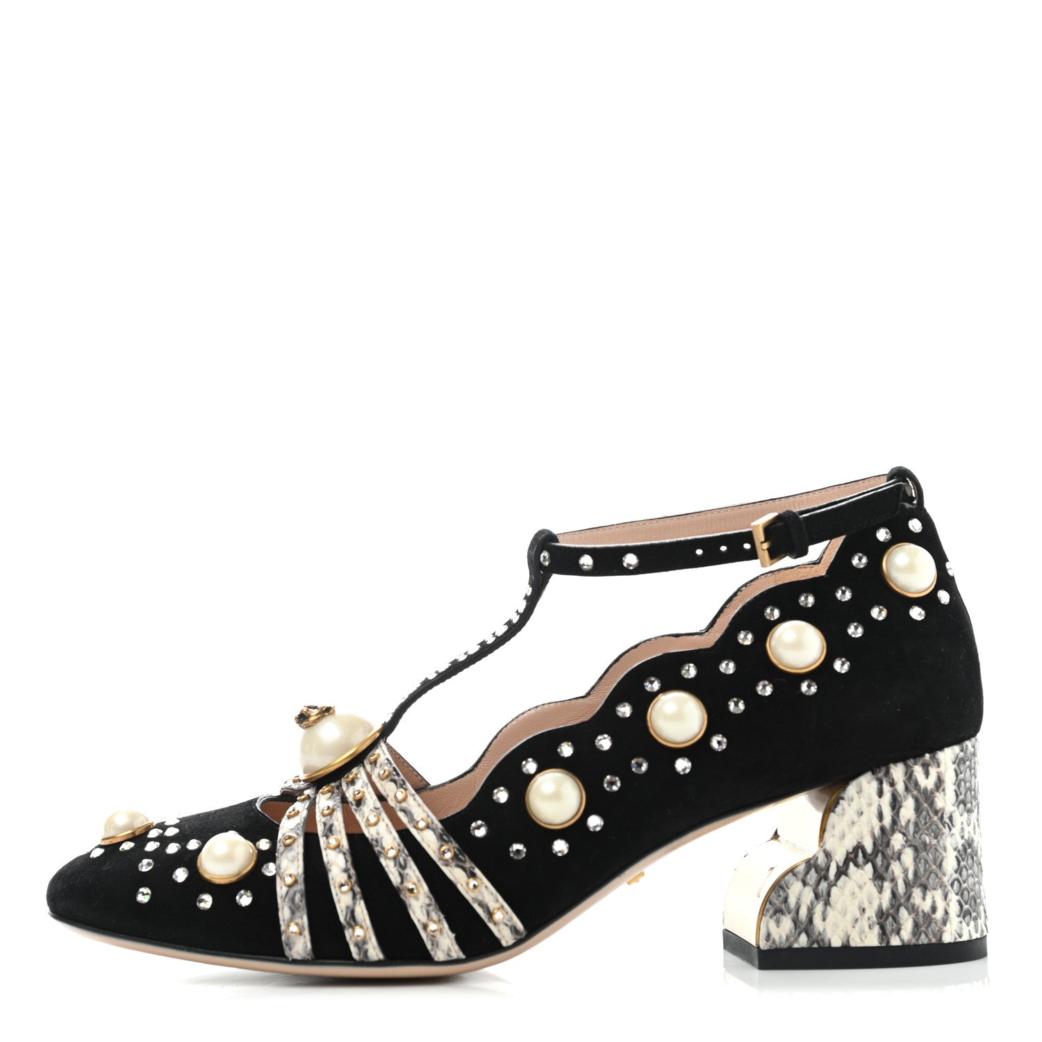 Gucci Suede Snakeskin Pearl Studded Ofelia Pumps 36.5 Black 1 of 8
