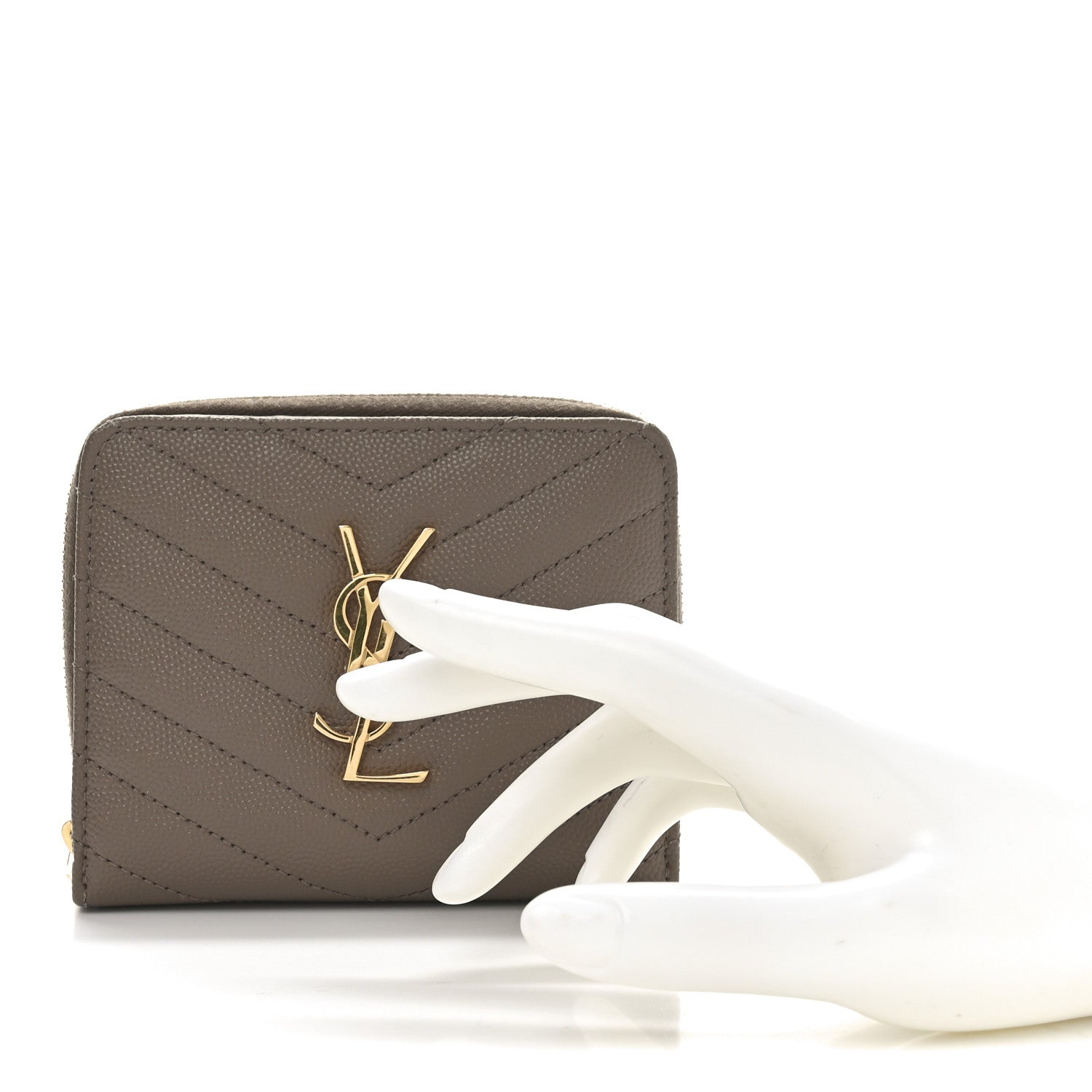 Saint Laurent Grain De Poudre Matelasse Chevron Monogram Compact Zip Around Wallet Dark Latte 2 of 9