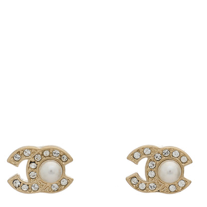 Chanel Metal Crystal Pearl CC Stud Earrings Gold 1 of 5