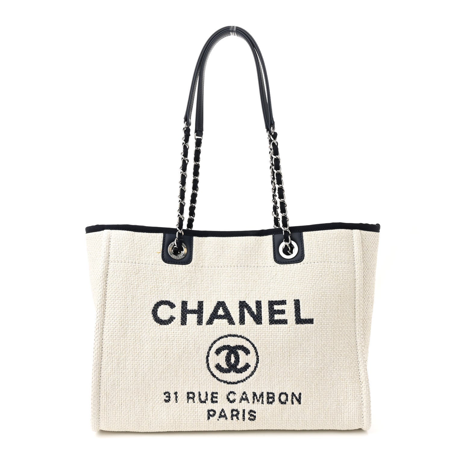 Chanel Woven Straw Raffia Small Deauville Tote White Navy 1 of 12