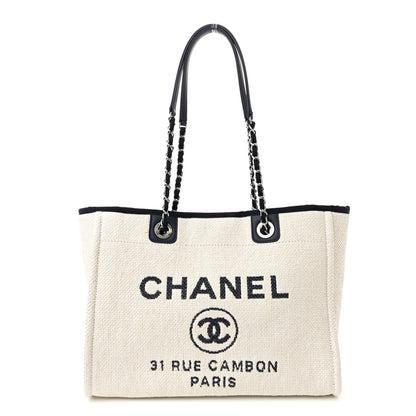 Chanel Woven Straw Raffia Small Deauville Tote White Navy 1 of 12