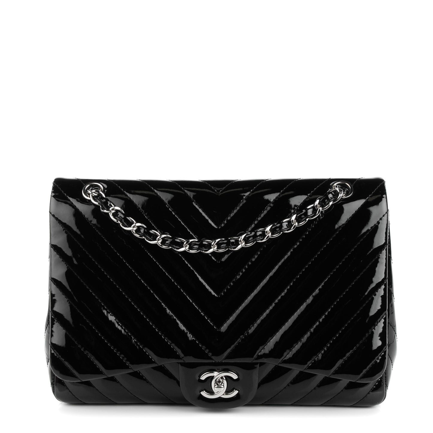 Patent Chevron Quilted Jumbo Single Flap Black