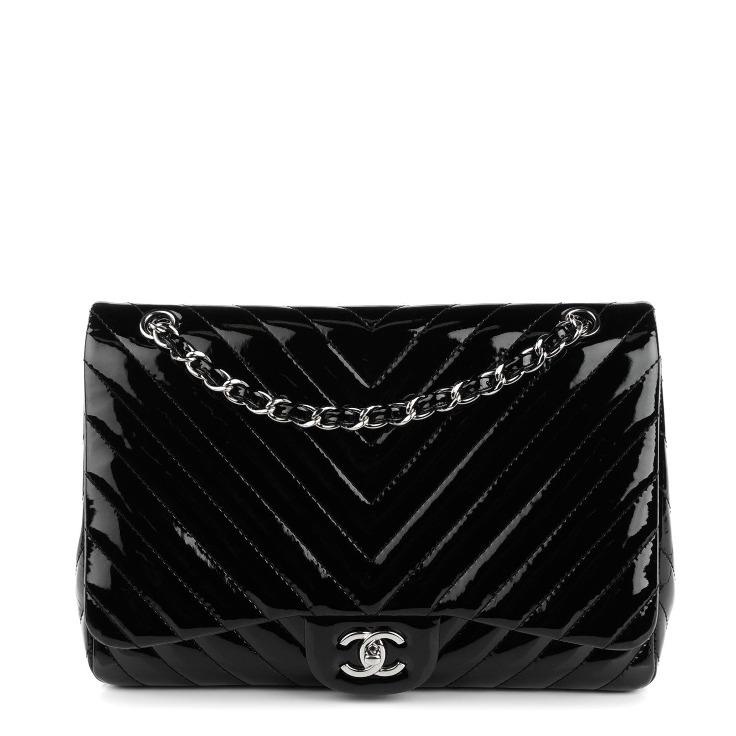 Chanel Patent Chevron Quilted Jumbo Single Flap Black 1 of 8