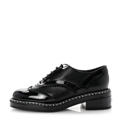 Chanel Lambskin Patent Calfskin CC Brogue Lace Up Oxfords 38 Black 1 of 11