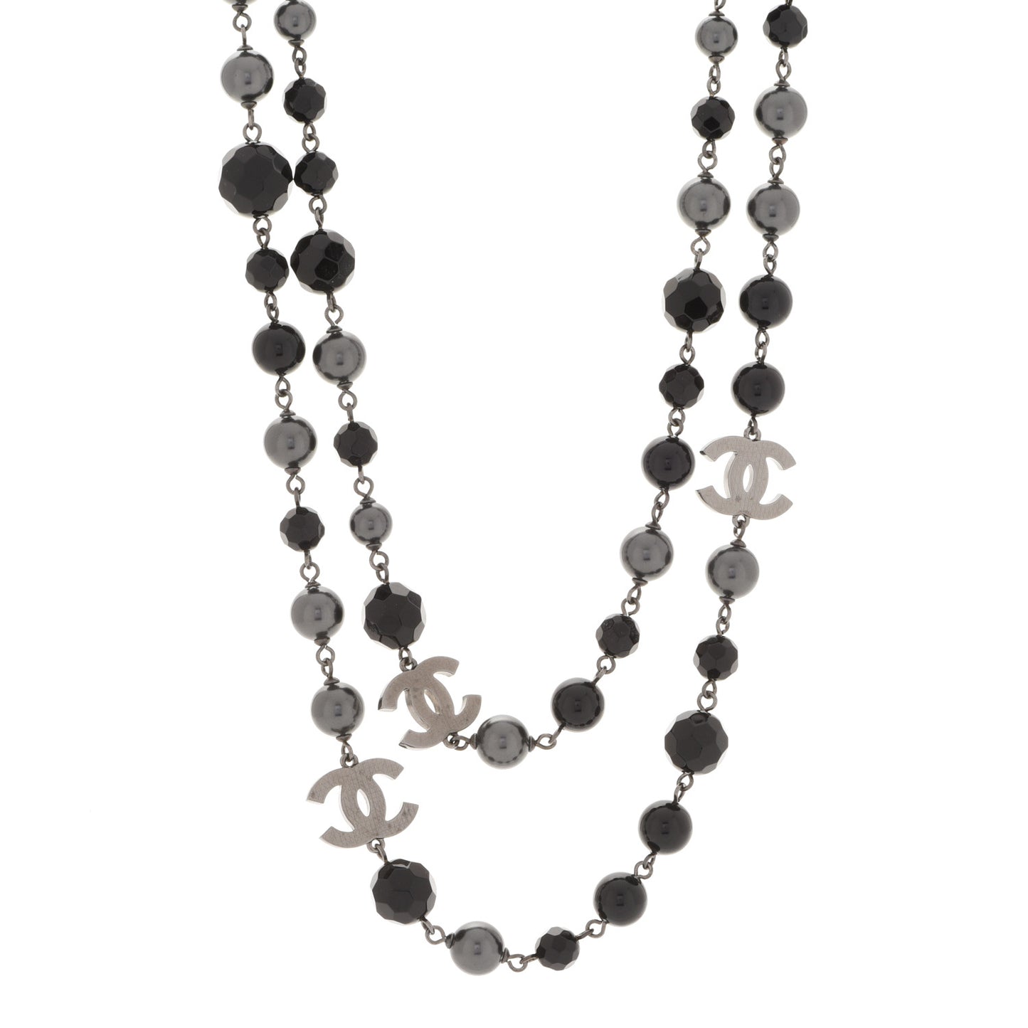 Ruthenium Pearl Beaded CC Long Necklace Black