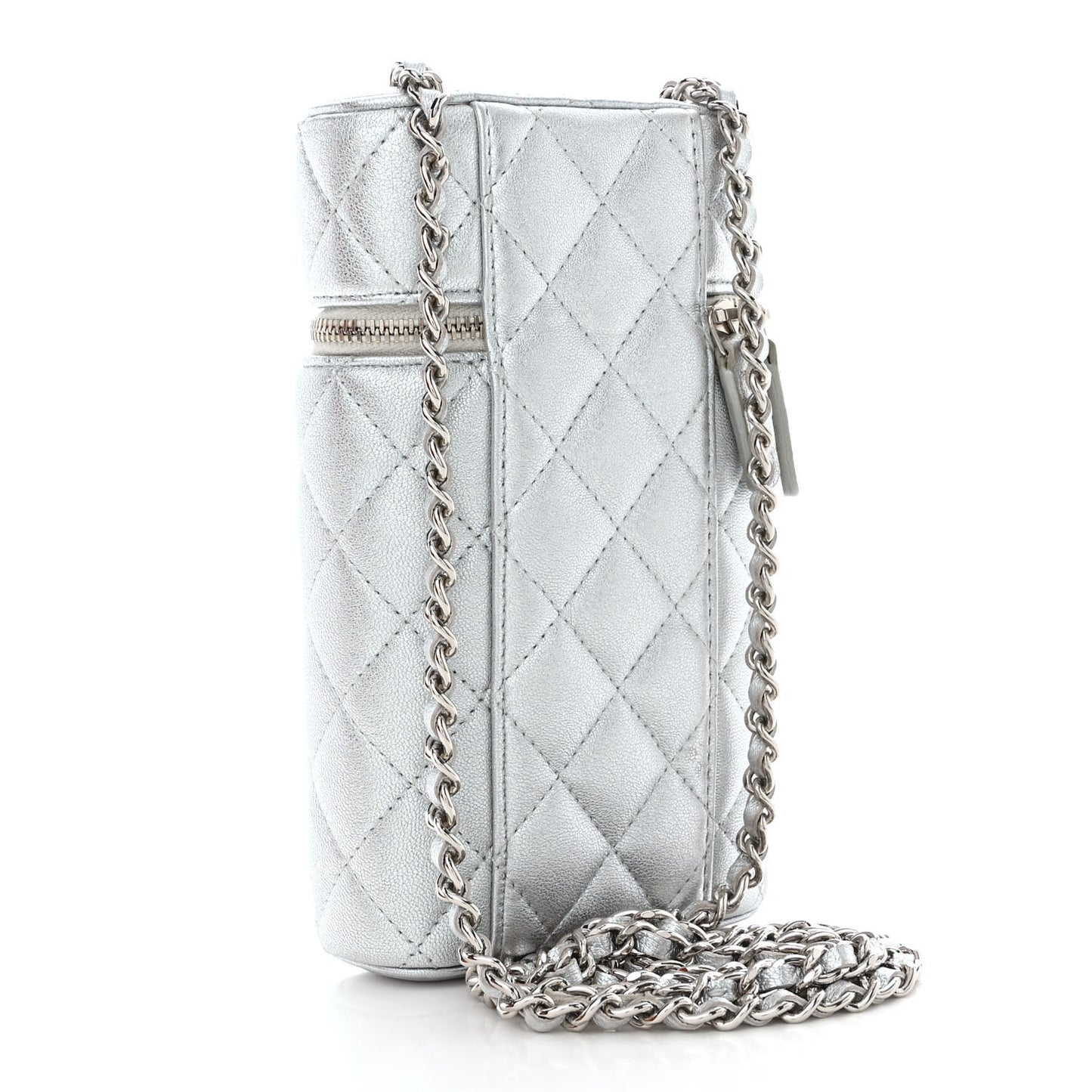 Metallic Lambskin Quilted Phone Holder With Chain Silver