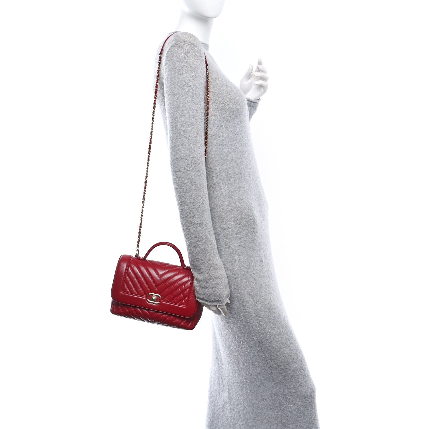 Chanel Calfskin Chevron Quilted Top Handle Flap Red 2 of 11