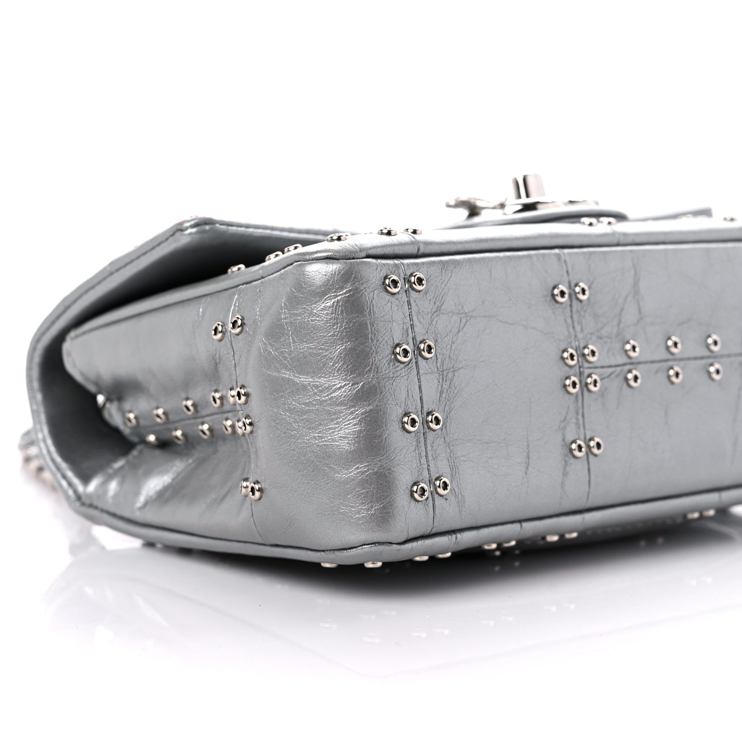 Glazed Calfskin Grommet Embellished Mini Airline Rectangular Flap Silver