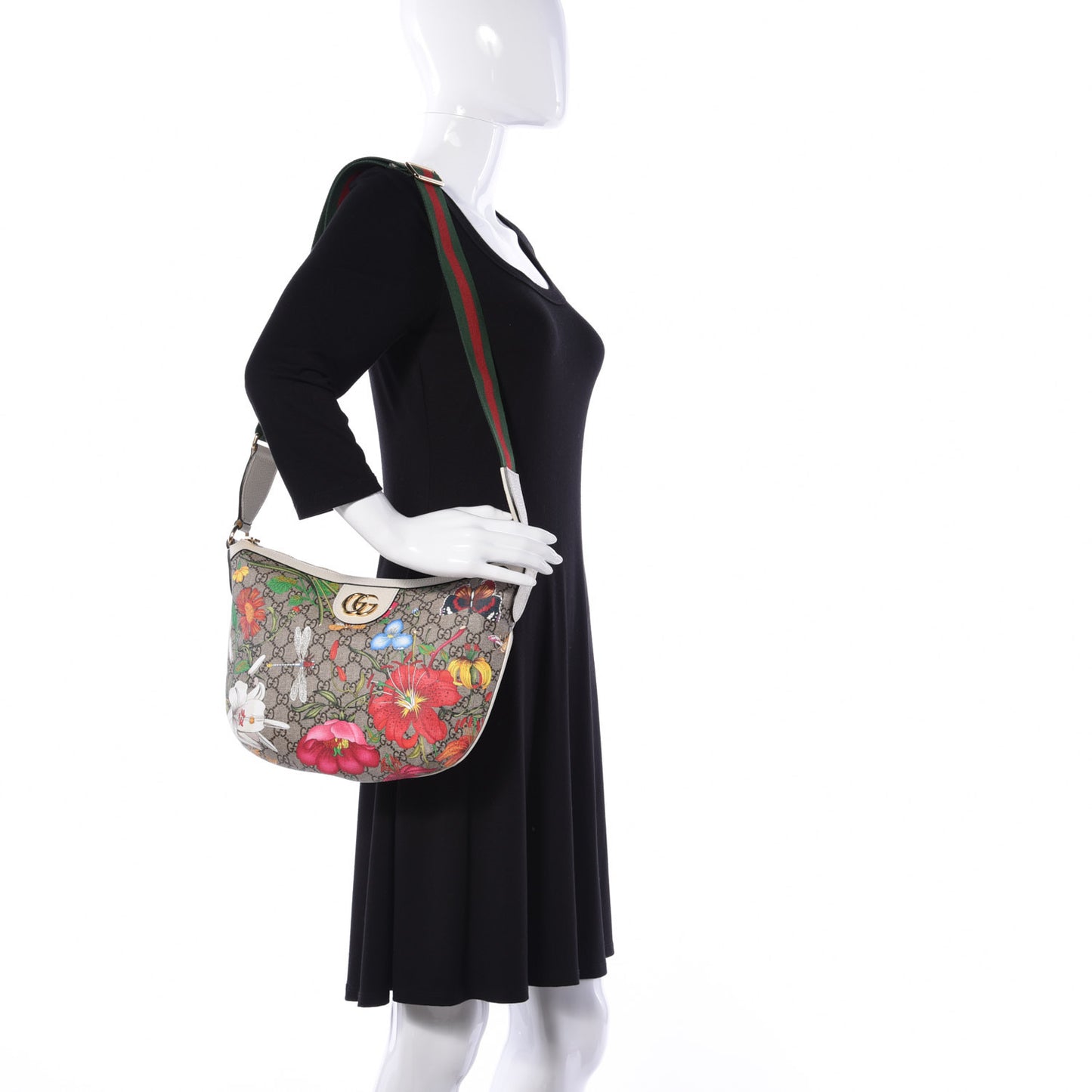 GG Supreme Monogram Flora Web Small Ophidia Half Moon Hobo White