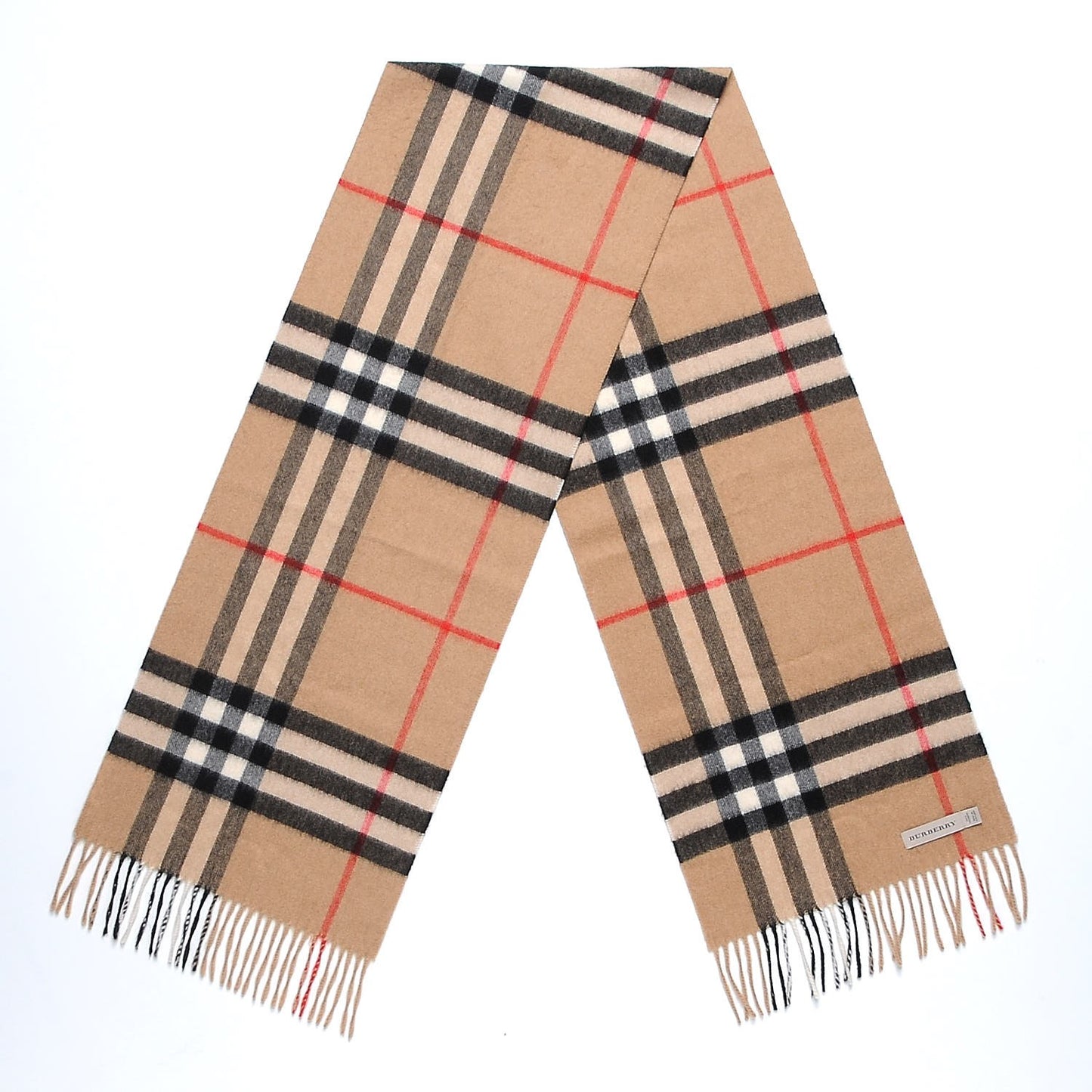 Cashmere Giant Check Fringe Scarf Camel
