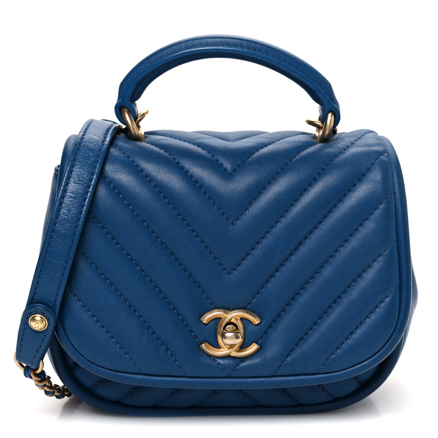 Chanel Lambskin Reverse Chevron Quilted Mini Round Top Handle Flap Blue 1 of 10