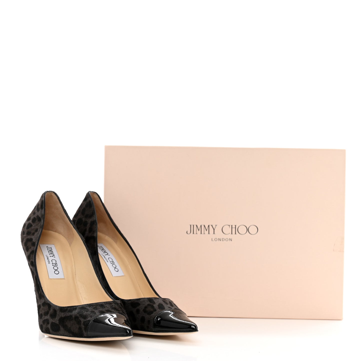 Pony Hair Patent Calfskin Leopard Print Mika 85 Cap Toe Pumps 37 Smoke Black