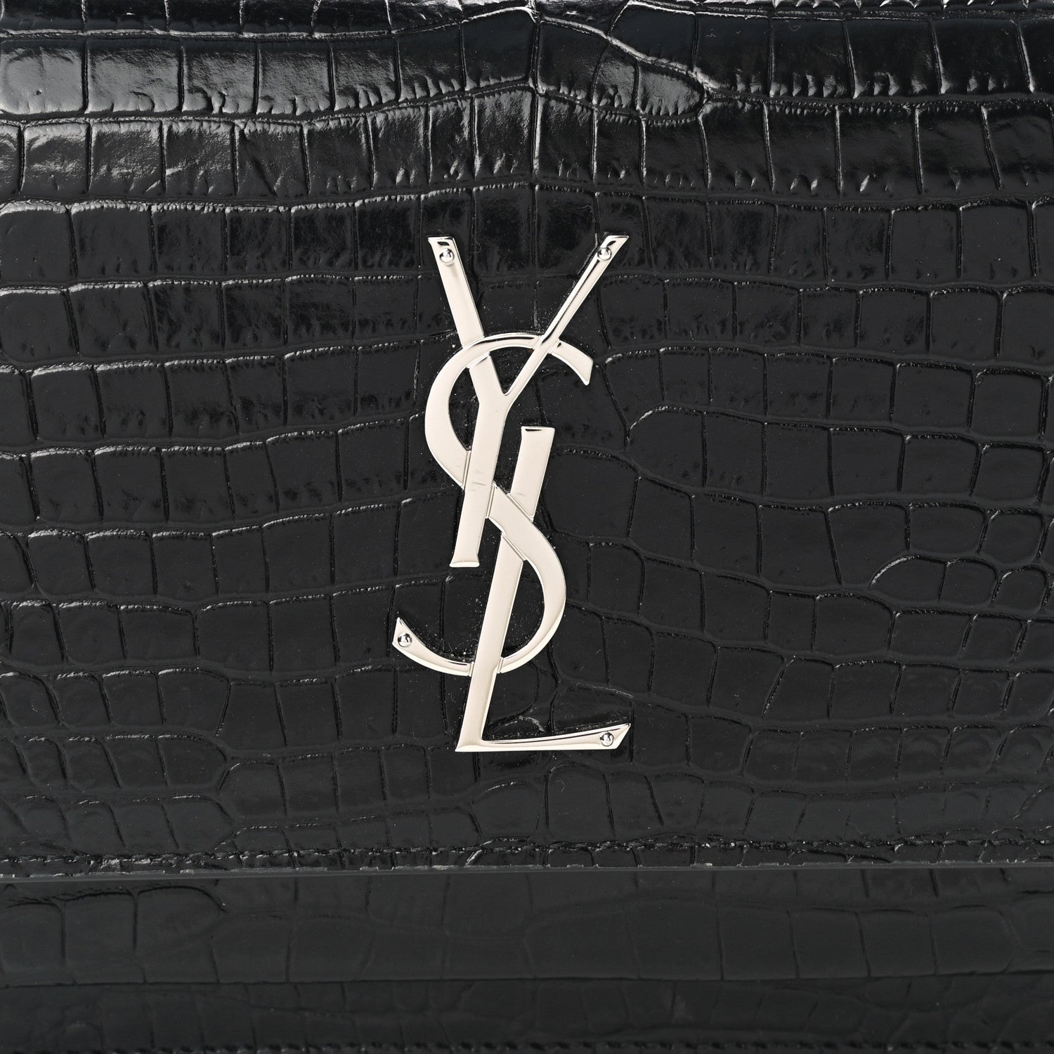 Saint Laurent Calfskin Crocodile Embossed Monogram Sunset Top Handle Chain Wallet Black 7 of 9
