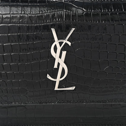 Saint Laurent Calfskin Crocodile Embossed Monogram Sunset Top Handle Chain Wallet Black 7 of 9