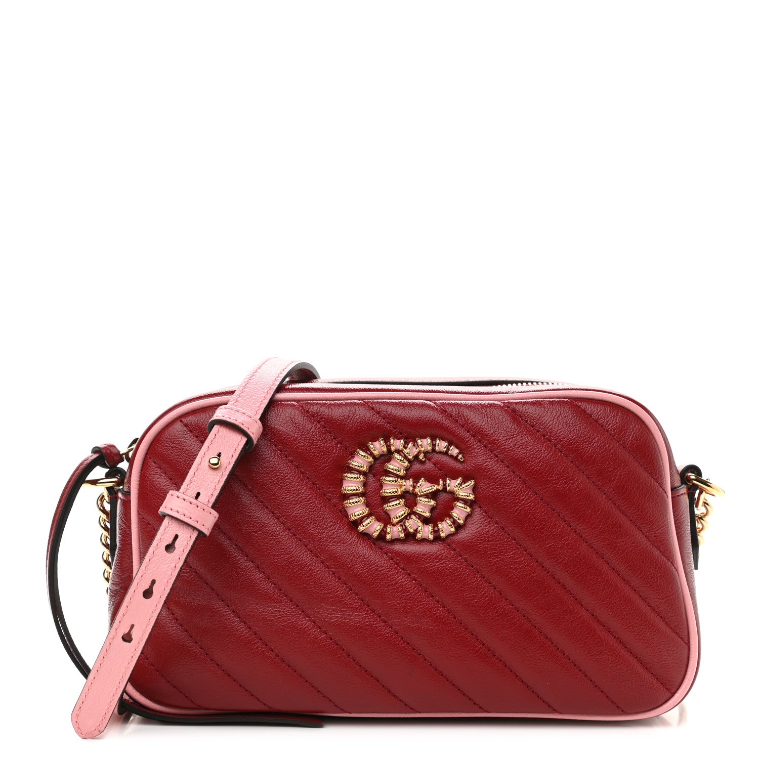 Gucci Azalea Calfskin Enamel Matelasse Diagonal Small Torchon GG Marmont Chain Shoulder Bag New Cherry Red Wild Rose 1 of 10