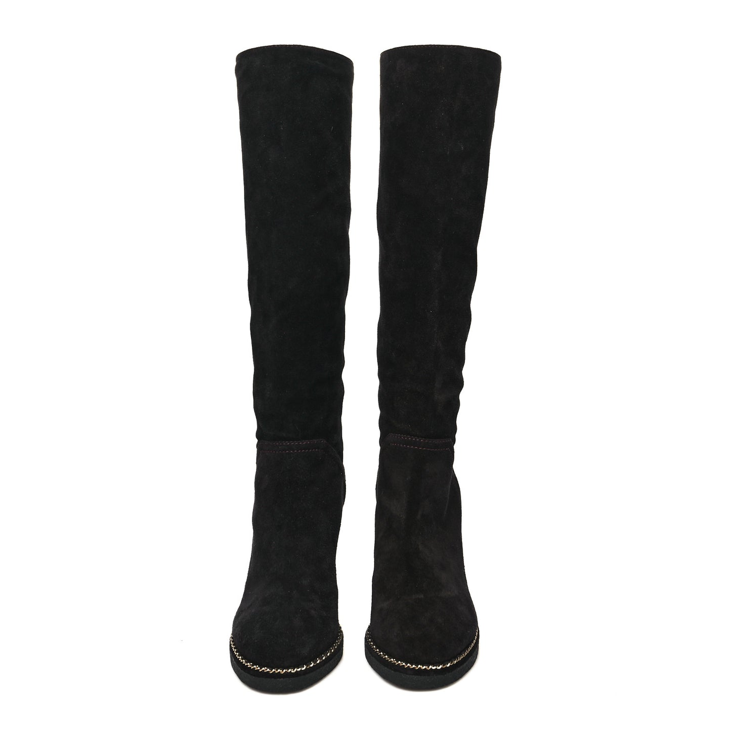 Suede Calfskin Chain Around High Boots 37.5 Black
