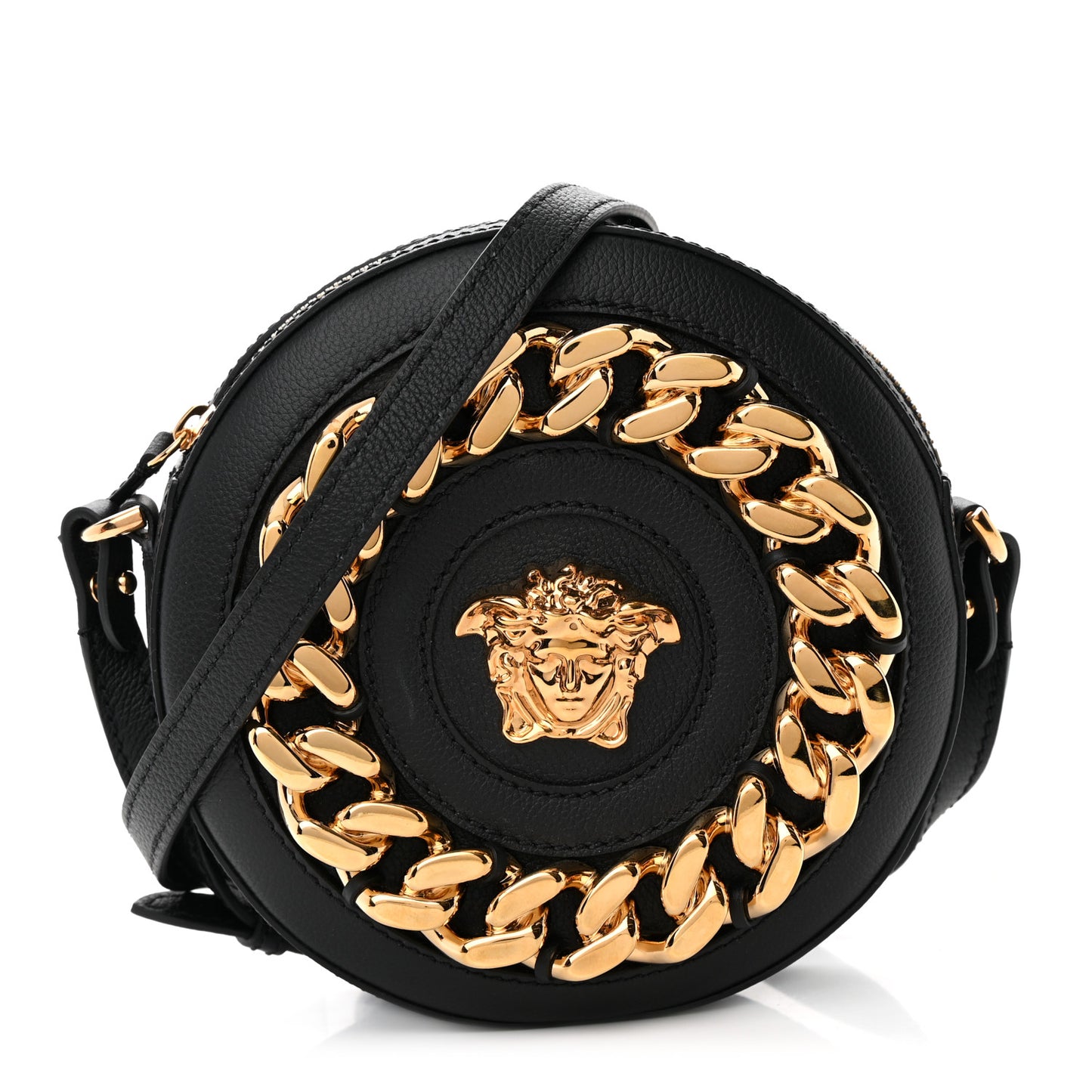 Calfskin Mini La Medusa Chain Round Crossbody Bag Black