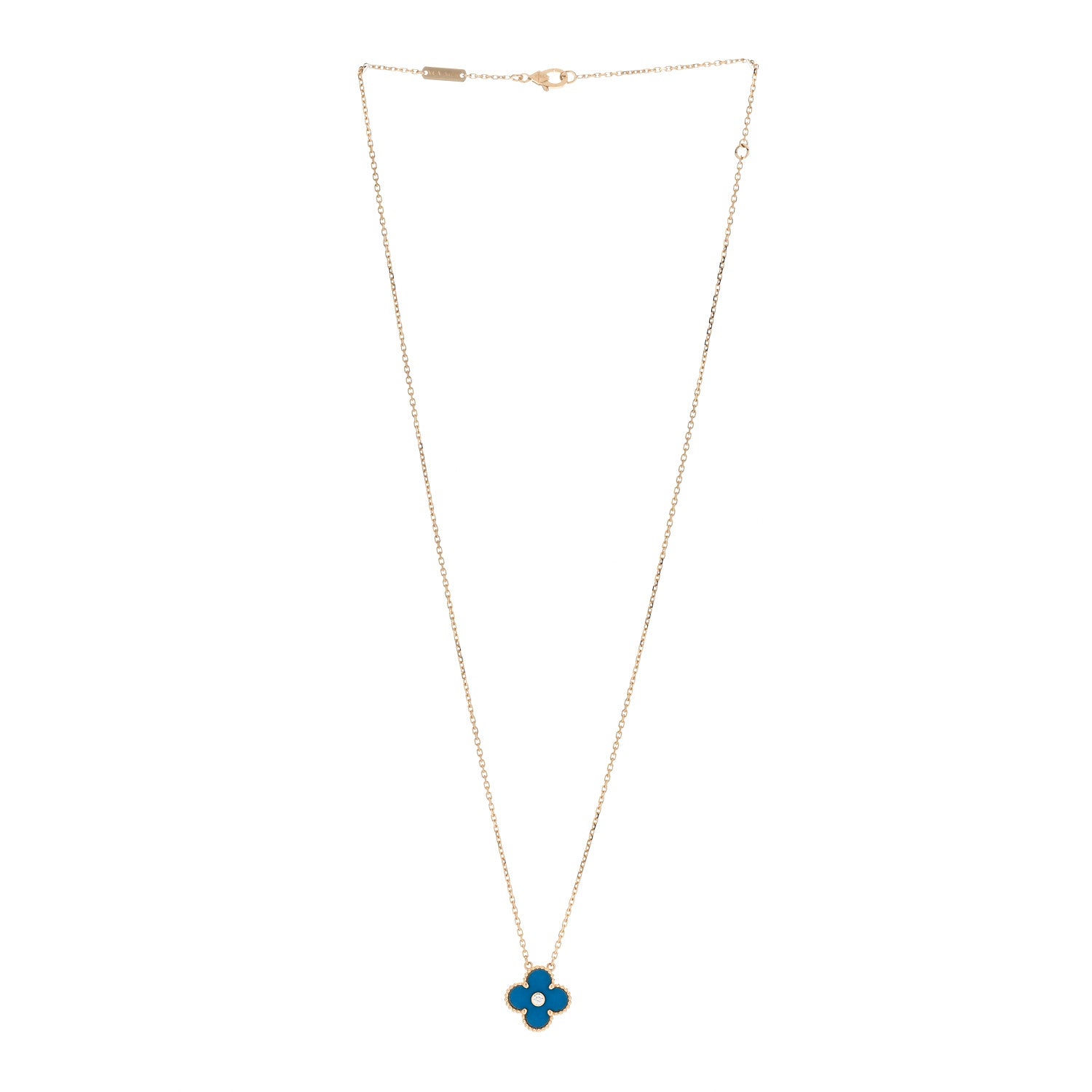 Van Cleef & Arpels 18K Yellow Gold Diamond Celestial Blue Sevres Porcelain Vintage Alhambra Pendant Necklace 3 of 6