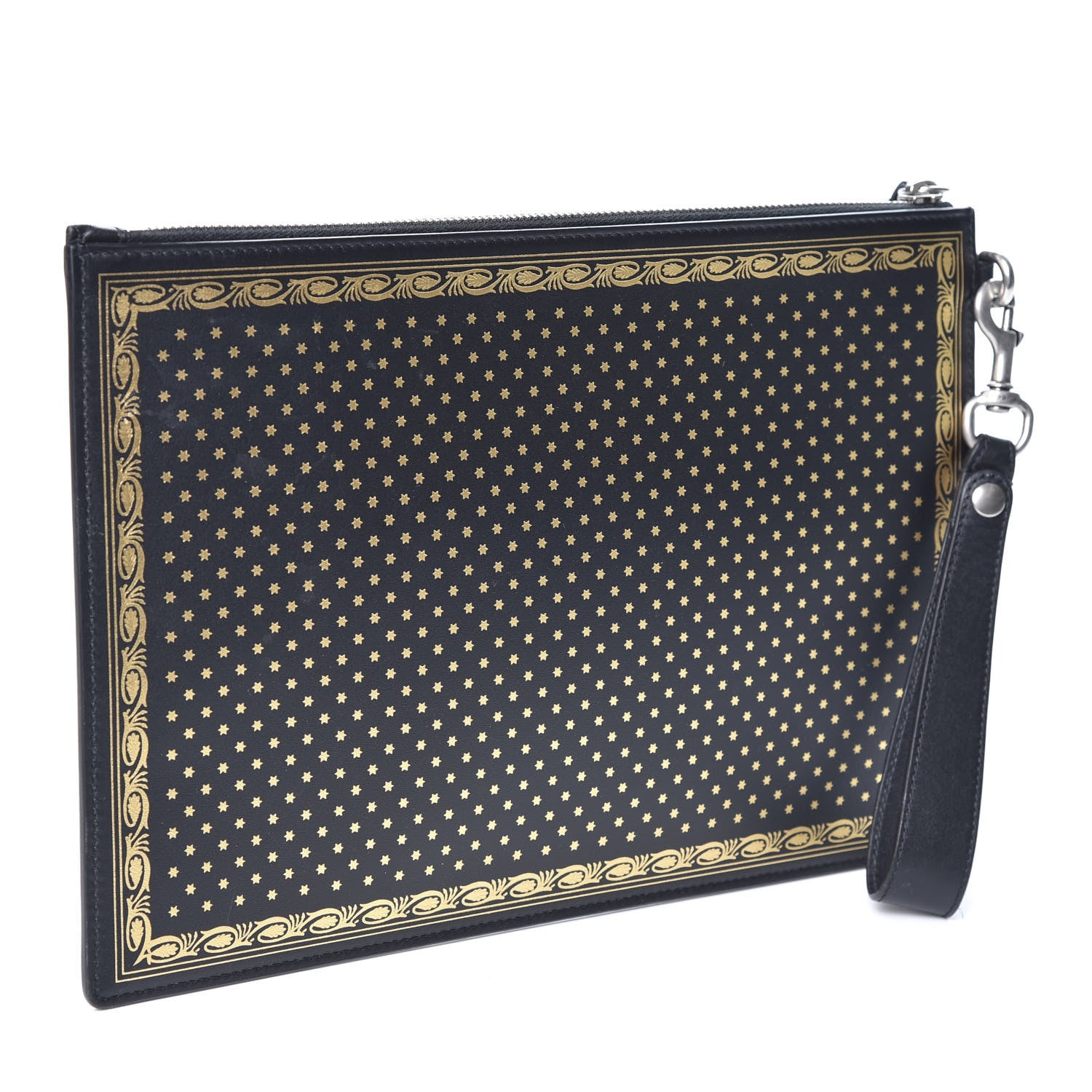 Gucci X SEGA Calfskin GUCCY Stars Zip Wristlet Pouch Black Gold 2 of 8