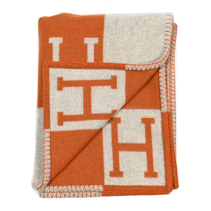 Hermes Wool Cashmere Signature Classic Avalon Blanket Ecru Potiron 2 of 3