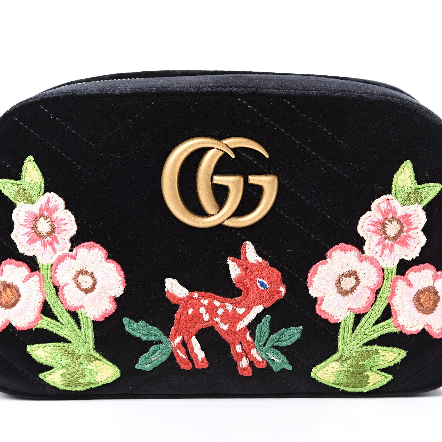 Gucci Velvet Matelasse Deer Embroidered Small GG Marmont Chain Shoulder Bag Black 9 of 9