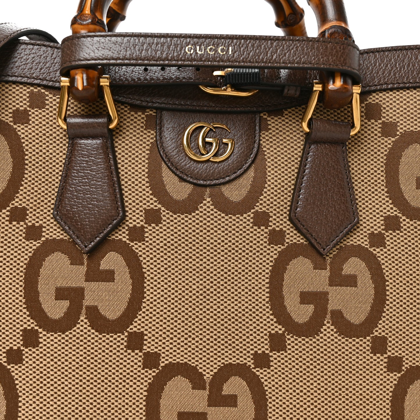 Monogram Jumbo GG Textured Dollar Calfskin Small Diana Tote Bag Camel Ebony New Acero
