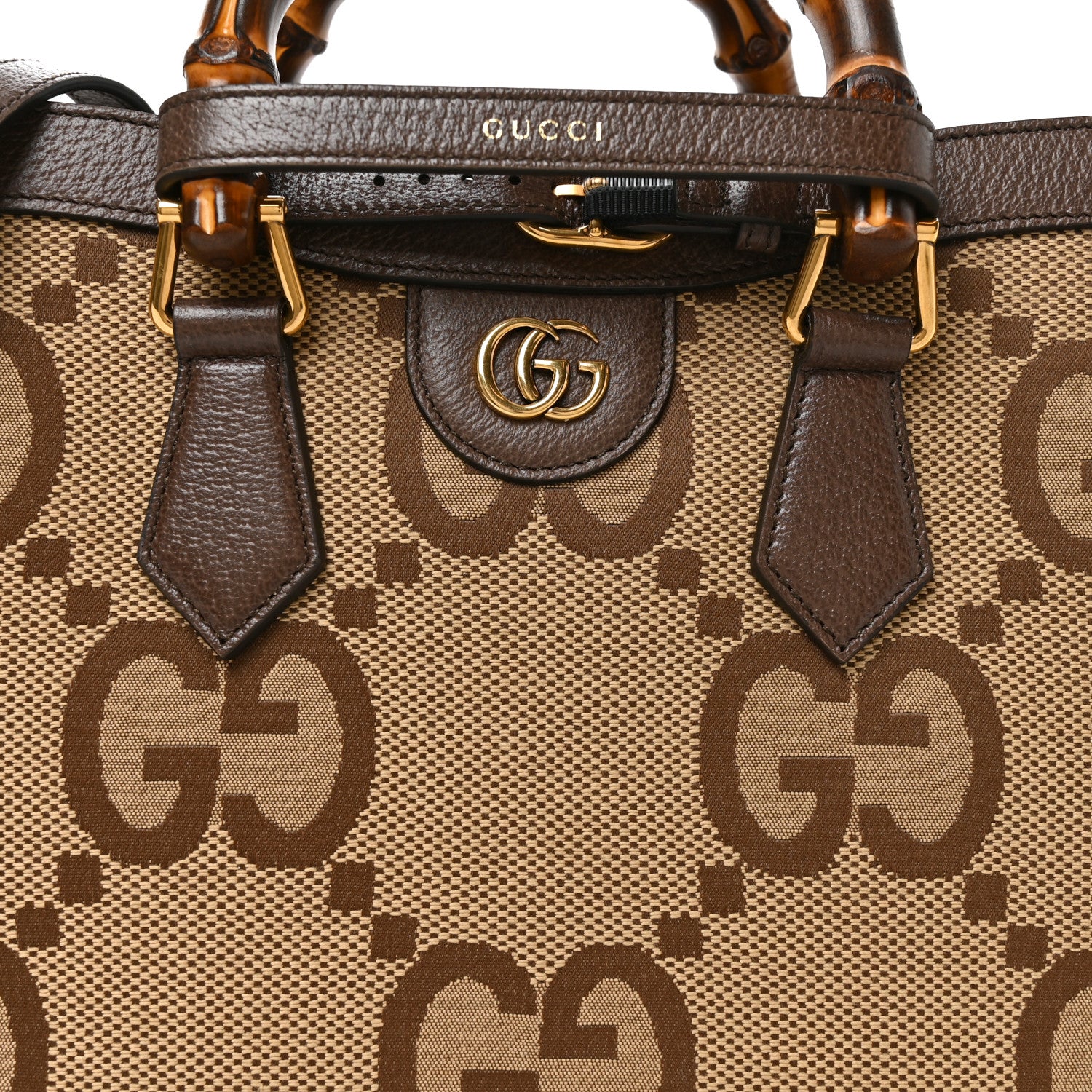 Gucci Monogram Jumbo GG Textured Dollar Calfskin Small Diana Tote Bag Camel Ebony New Acero 8 of 11