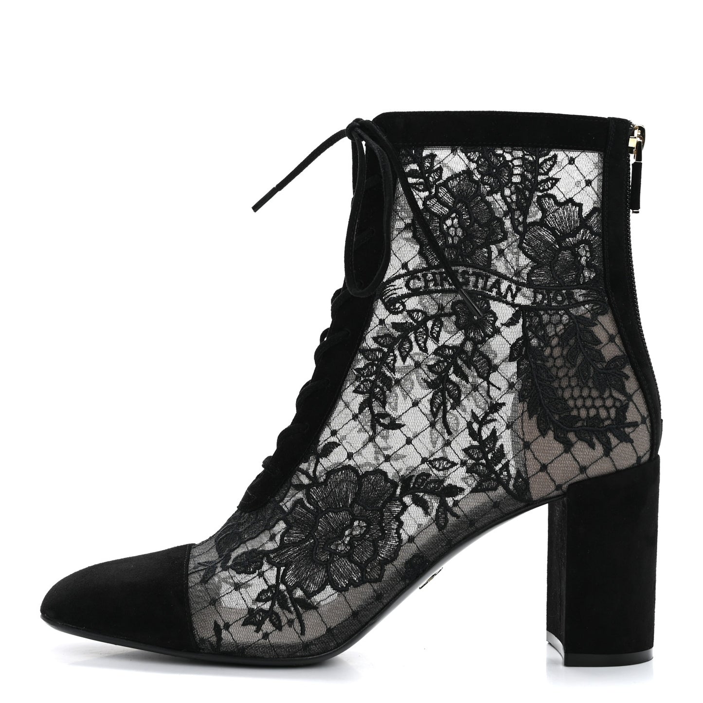 Suede Transparent Mesh Embroidered Roses Naughtily-D Heeled Lace Up Ankle Boots 40.5 Black