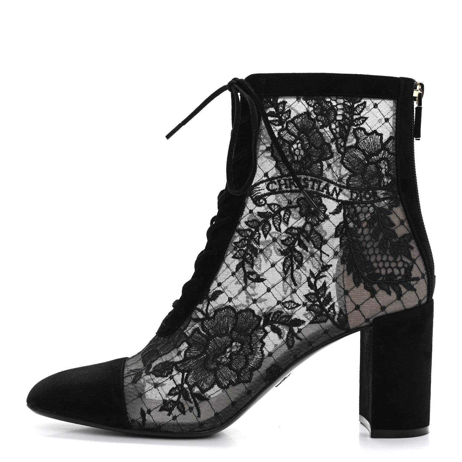 Christian Dior Suede Transparent Mesh Embroidered Roses Naughtily-D Heeled Lace Up Ankle Boots 40.5 Black 1 of 13