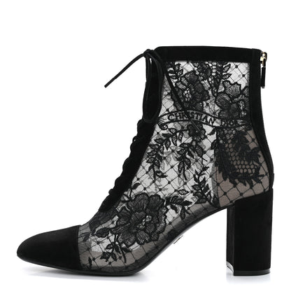 Christian Dior Suede Transparent Mesh Embroidered Roses Naughtily-D Heeled Lace Up Ankle Boots 40.5 Black 1 of 13