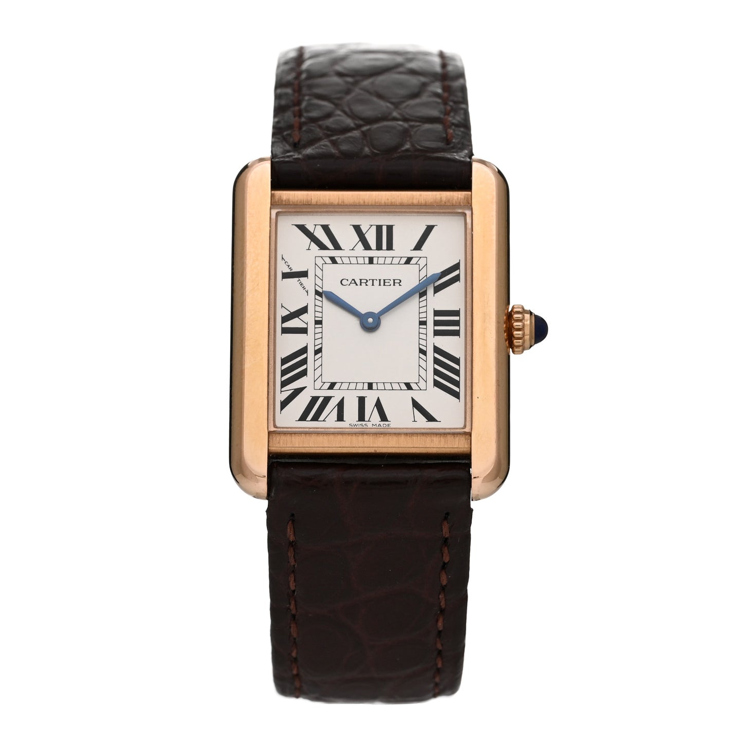 Stainless Steel 18K Pink Gold Alligator 24mm Tank Solo Quartz Watch Brown