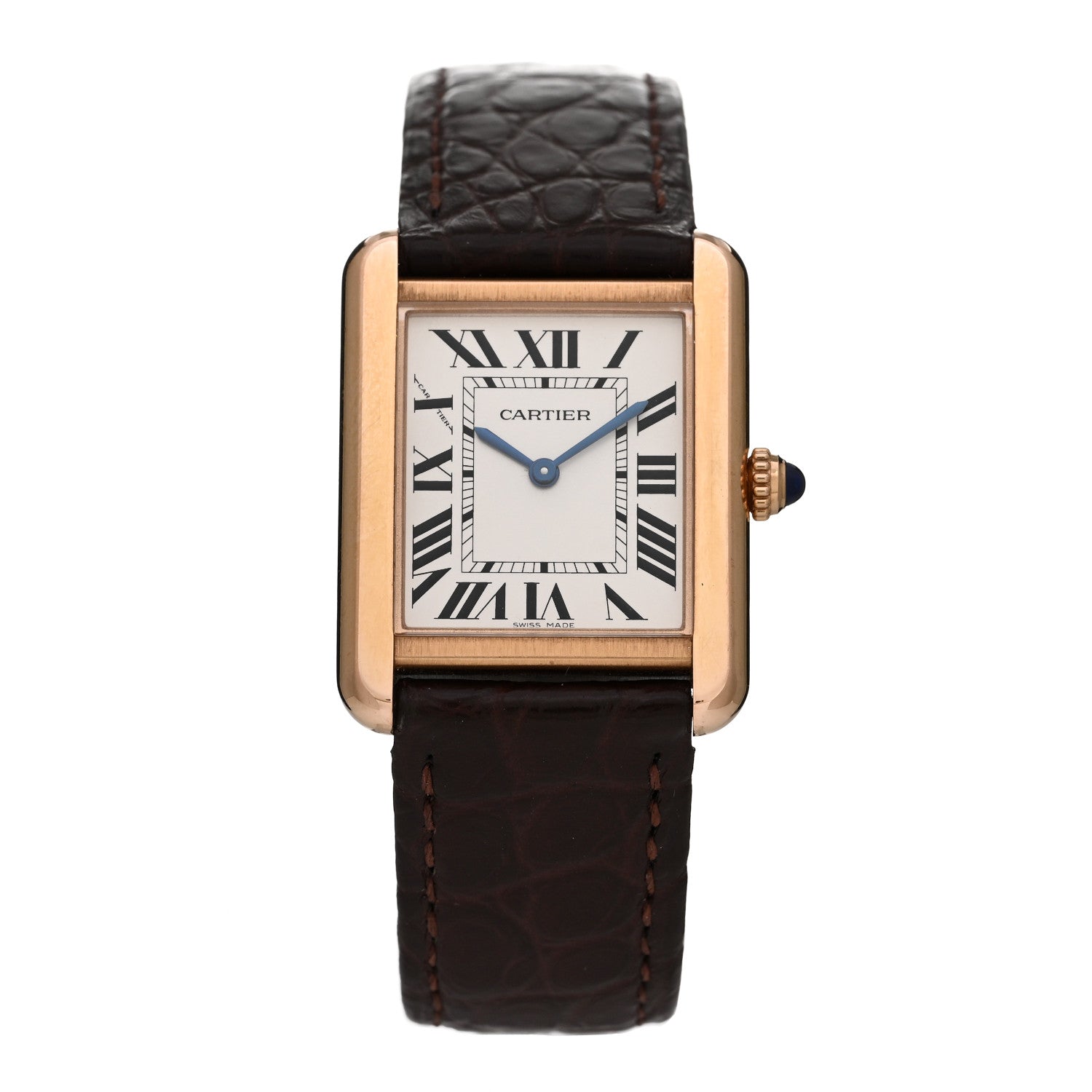 Cartier Stainless Steel 18K Pink Gold Alligator 24mm Tank Solo Quartz Watch Brown 1 of 5
