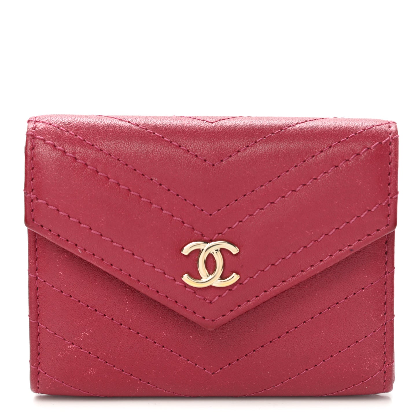 Goatskin Chevron Quilted Card Holder Flap Wallet Dark Pink
