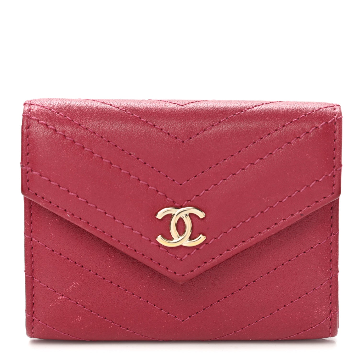 Chanel Goatskin Chevron Quilted Card Holder Flap Wallet Dark Pink 1 of 12
