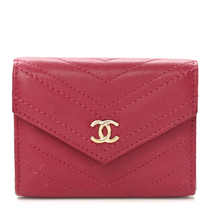 Chanel Goatskin Chevron Quilted Card Holder Flap Wallet Dark Pink 1 of 12