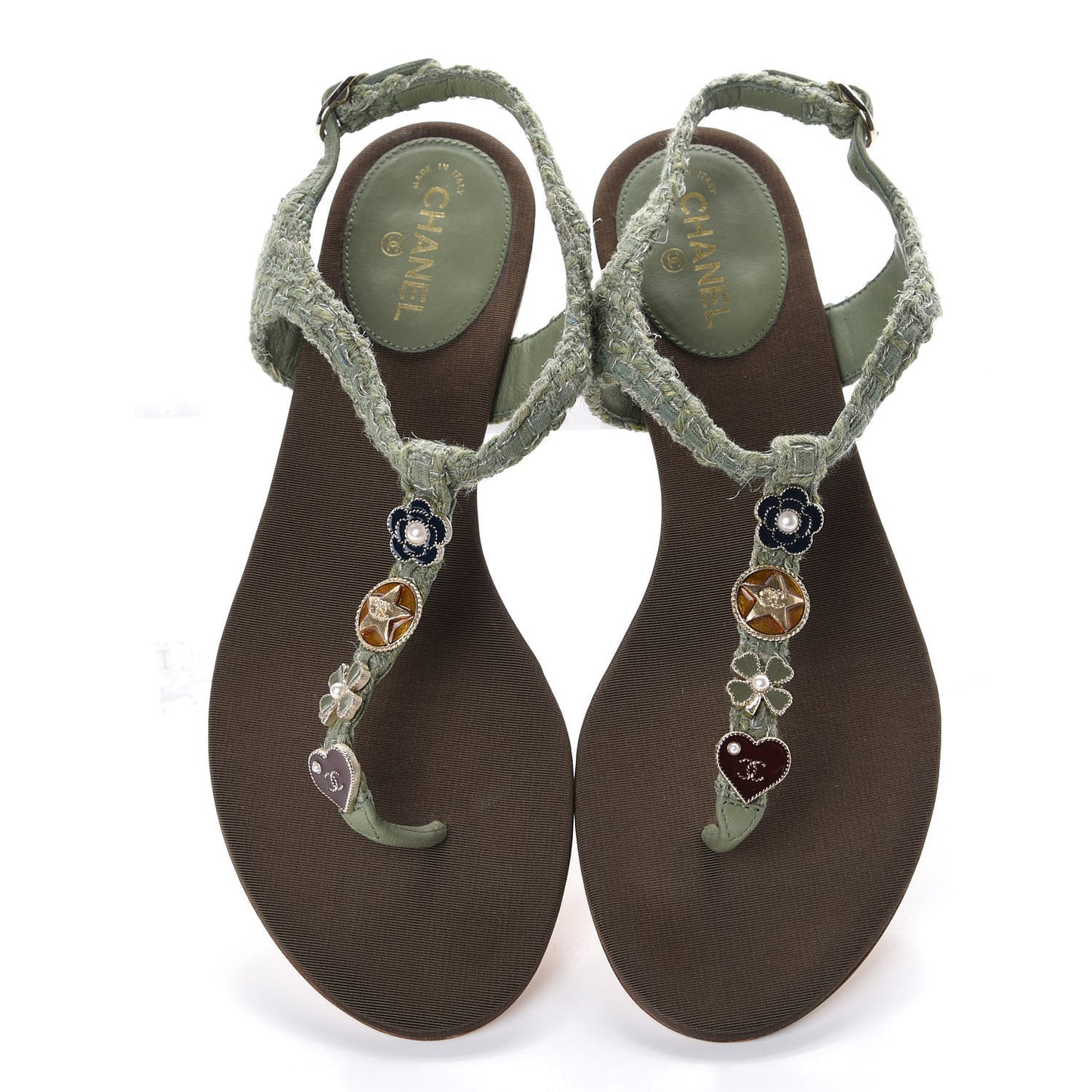 Tweed CC Charm Thong Sandals 36.5 Dark Green