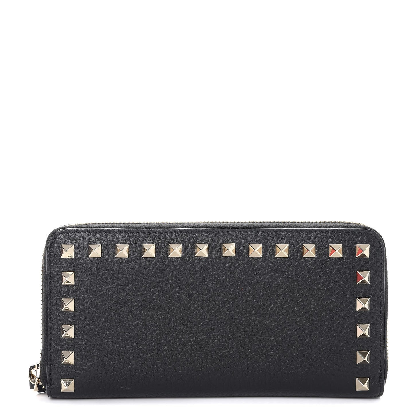 Pebbled Calfskin Rockstud Zip Around Wallet Black