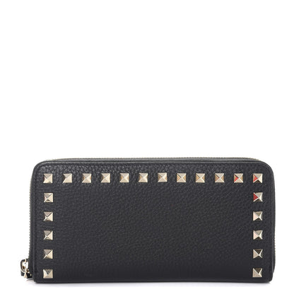 Valentino Garavani Pebbled Calfskin Rockstud Zip Around Wallet Black 1 of 9