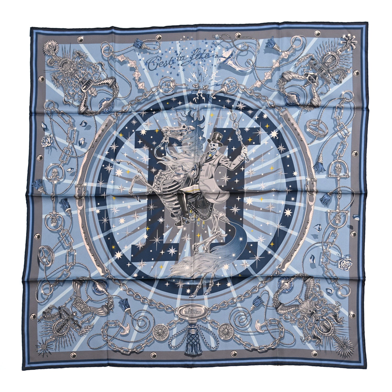 Hermes Silk C'est La Fete Double Face Scarf 90 Ciel Gris Orange 1 of 7