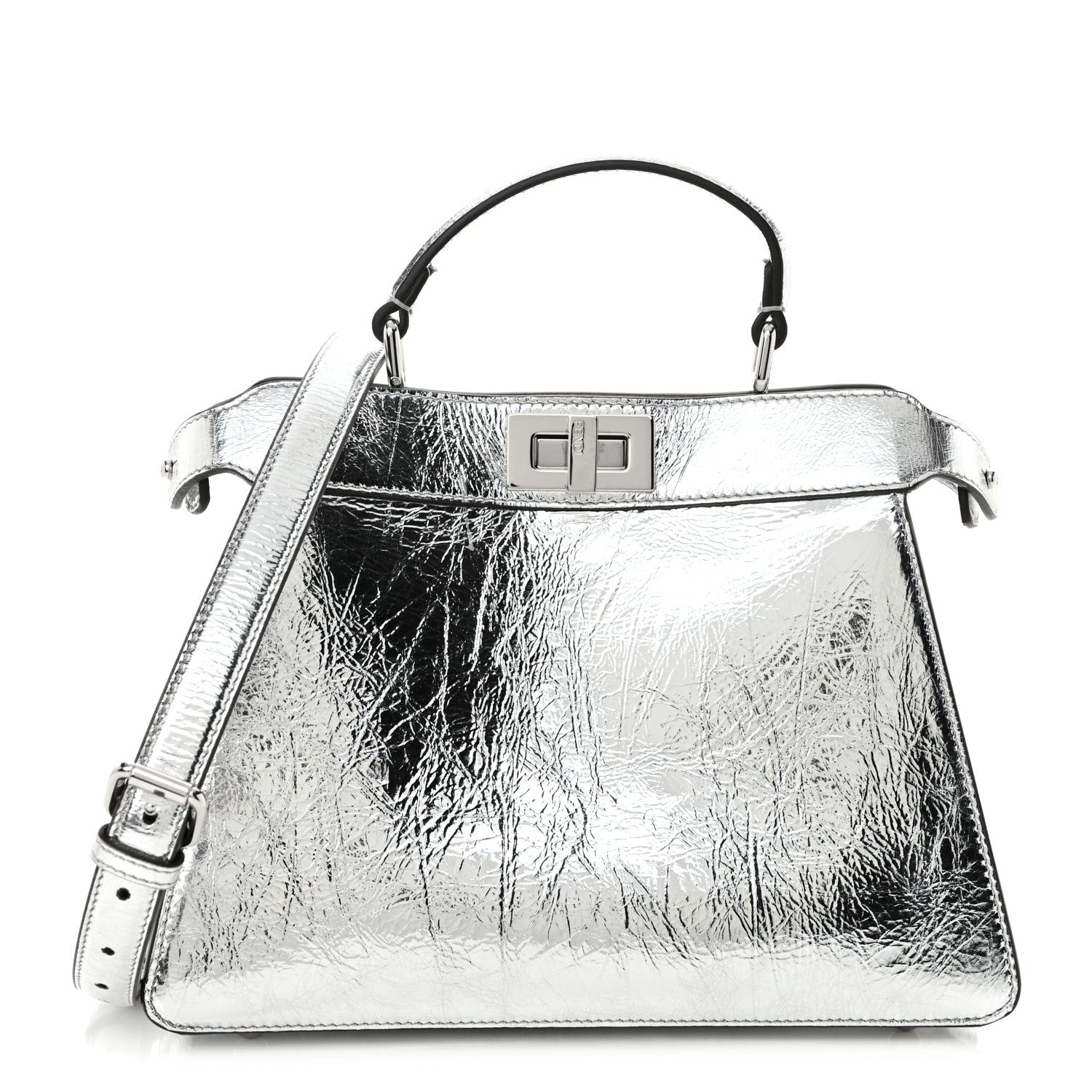 Fendi Rock Millenium Laminata Small Peekaboo I SEE U Satchel Argento 1 of 12