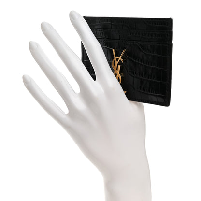 Saint Laurent Calfskin Crocodile Embossed Monogram Credit Card Case Black 2 of 7