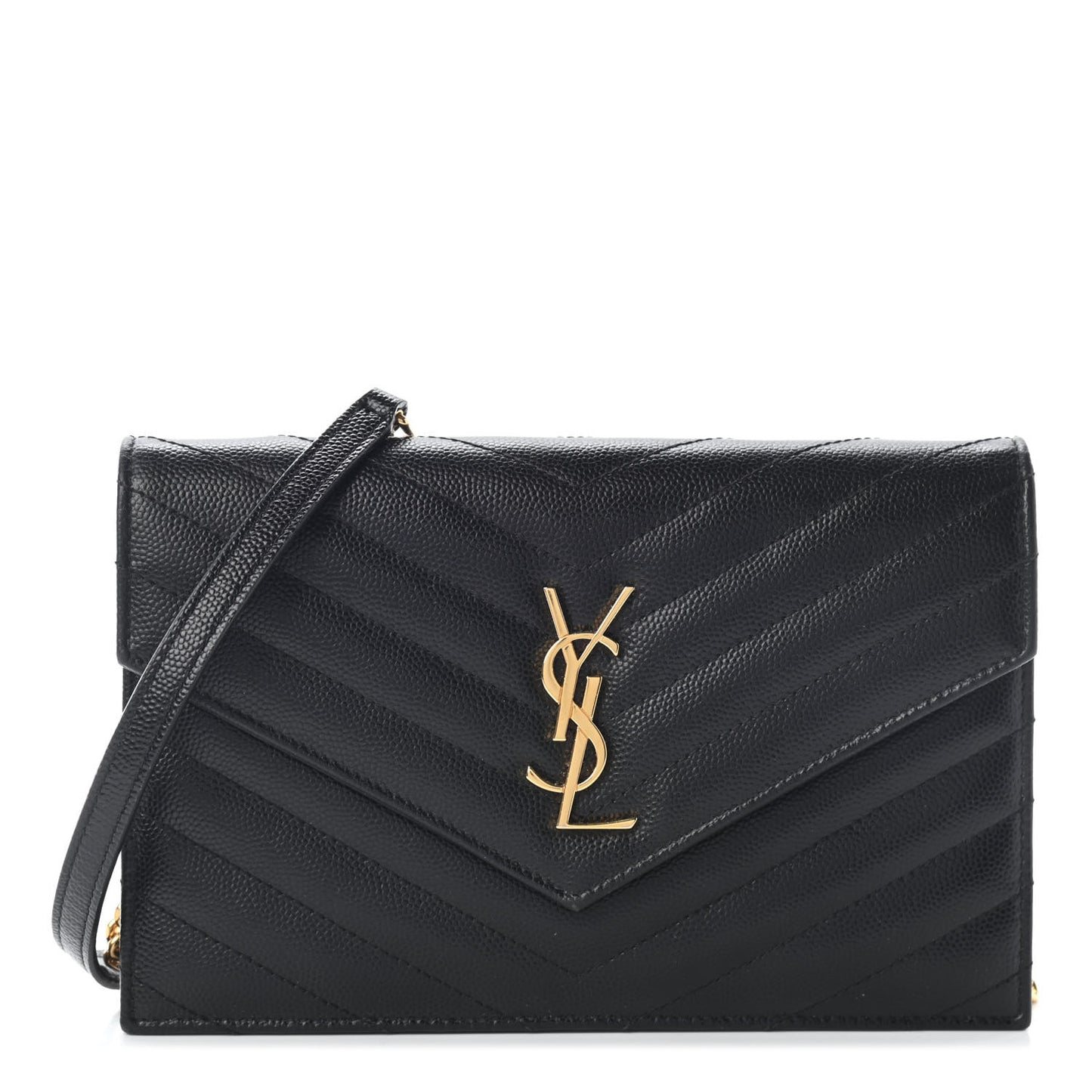 Grain De Poudre Matelasse Chevron Monogram Envelope Chain Wallet Black