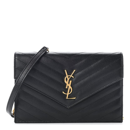 Saint Laurent Grain De Poudre Matelasse Chevron Monogram Envelope Chain Wallet Black 1 of 8
