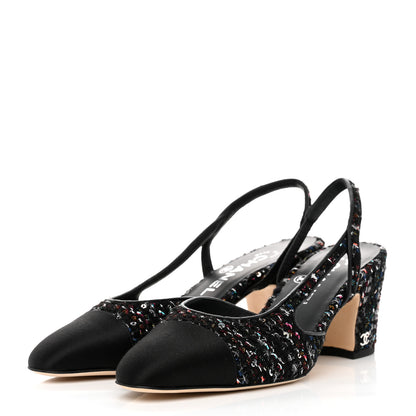 Chanel Tweed Lambskin Sequin Cap Toe CC Slingback Pumps 36.5 Black 3 of 9