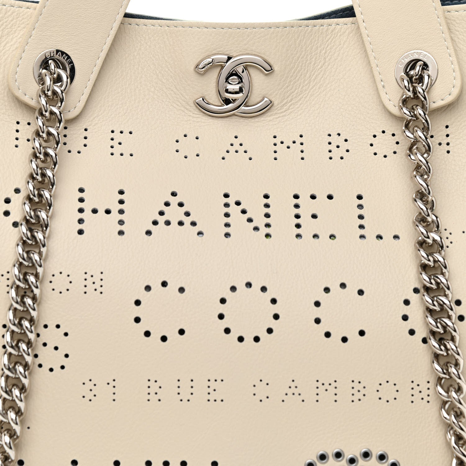 Chanel Calfskin Tweed Small Logo Eyelets Shopping Tote Beige 10 of 12