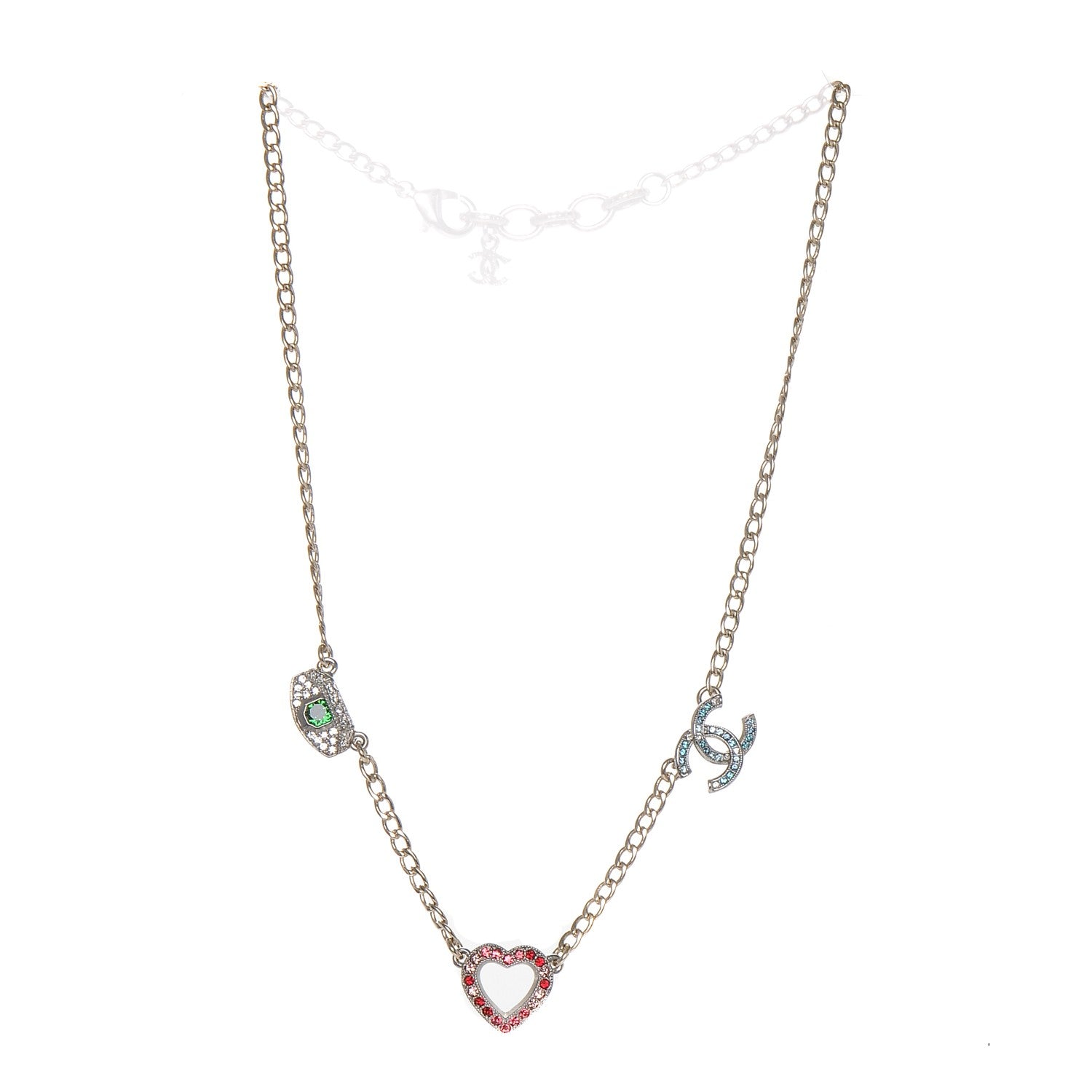 Chanel Crystal Eye Heart CC Charm Necklace Gold Silver 3 of 4